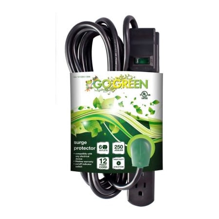 Gogreen Outlet Tap, Surge, 5-15R, 12 ft., Black GG-16103M-12BK
